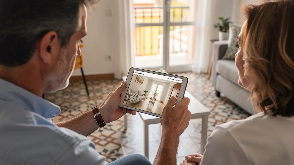 Profesional inmobiliario mostrando datos en tablet a propietario en salón español