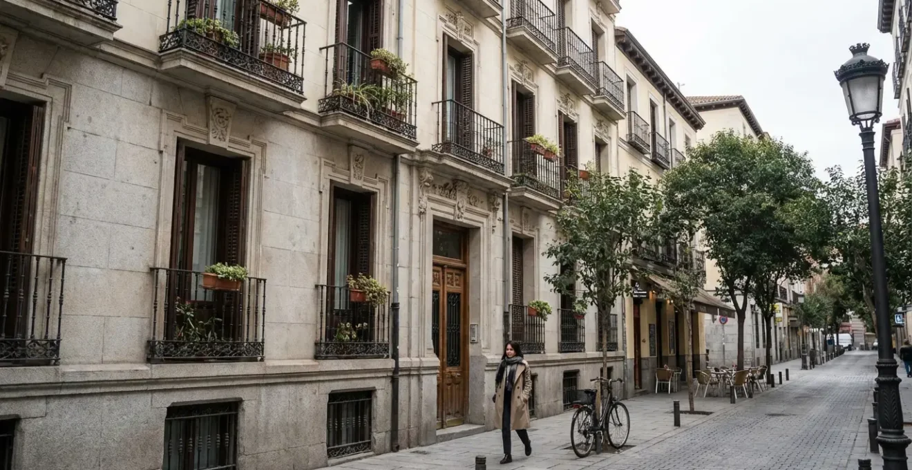 Edificio residencial típico del barrio Salamanca en Madrid con balcones de hierro forjado
