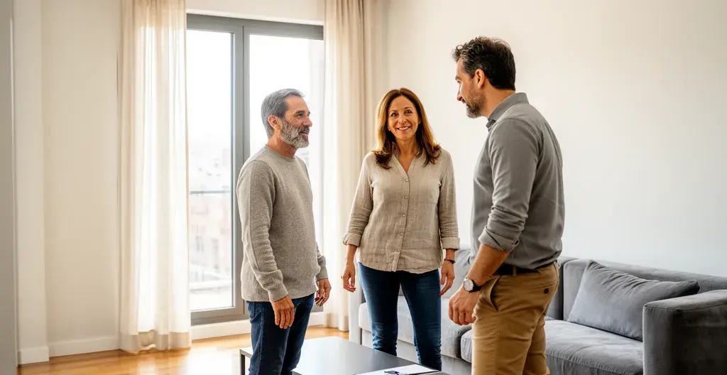 Pareja española conversando con agente inmobiliario en apartamento luminoso de Madrid