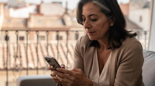 Mujer mediterránea consultando tasación vivienda online en smartphone desde salón moderno