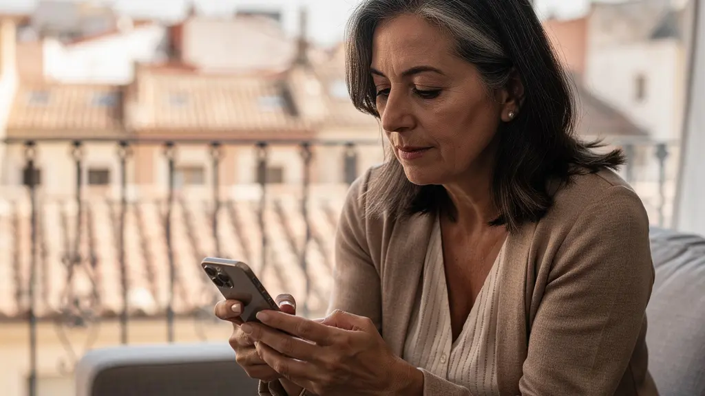 Mujer mediterránea consultando tasación vivienda online en smartphone desde salón moderno