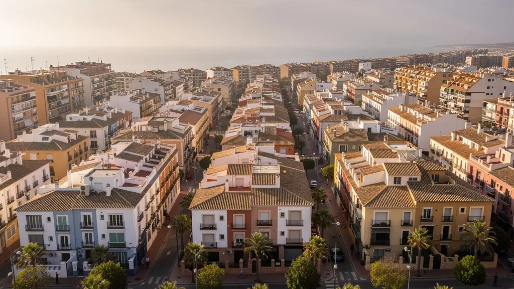 Vista aérea de barrio residencial español con arquitectura mediterránea típica